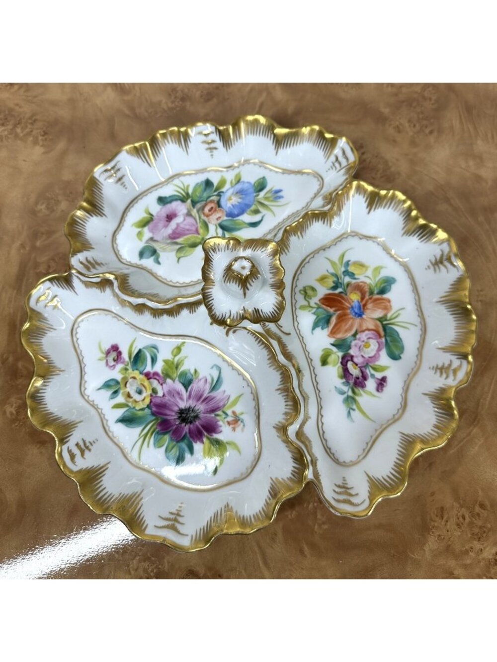 Vintage Rococo Hand Painted Porcelain 3 Section Relish Dish Floral Gold Gilt 11"